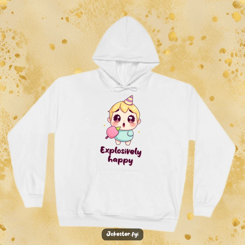Funny surprised party popper hoodie showing a character with exaggeratedly wide eyes, holding a spent party popper, embodying sudden shock.