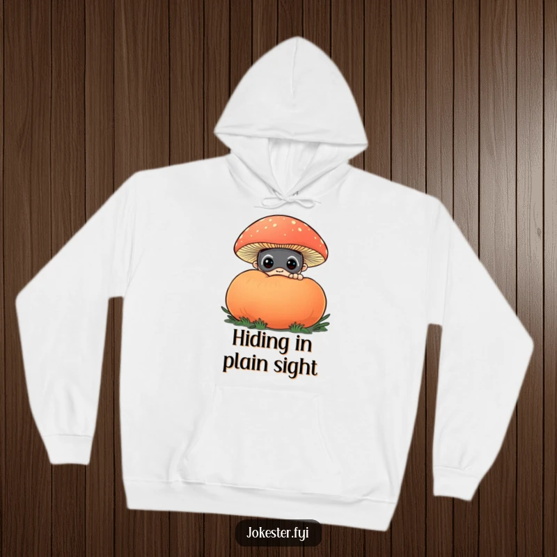 Funny hoodie with a curious character sporting a funny mask, peeking from behind a large, colorful puffball mushroom. Cozy and full of wonder.