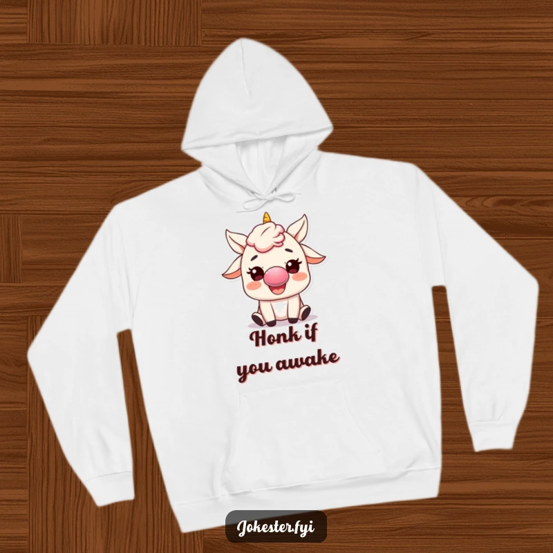 Funny Hoodie: A happy character wearing a clown nose is enthusiastically honking a small horn, conveying playful mischief and cheerful humor.