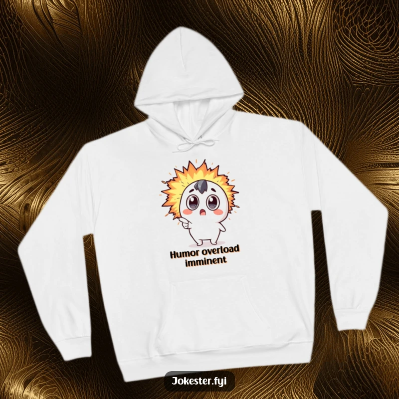 Funny Kawaii character with wide eyes pointing at a rapidly expanding explosion of humor, featured on a comfortable hoodie.