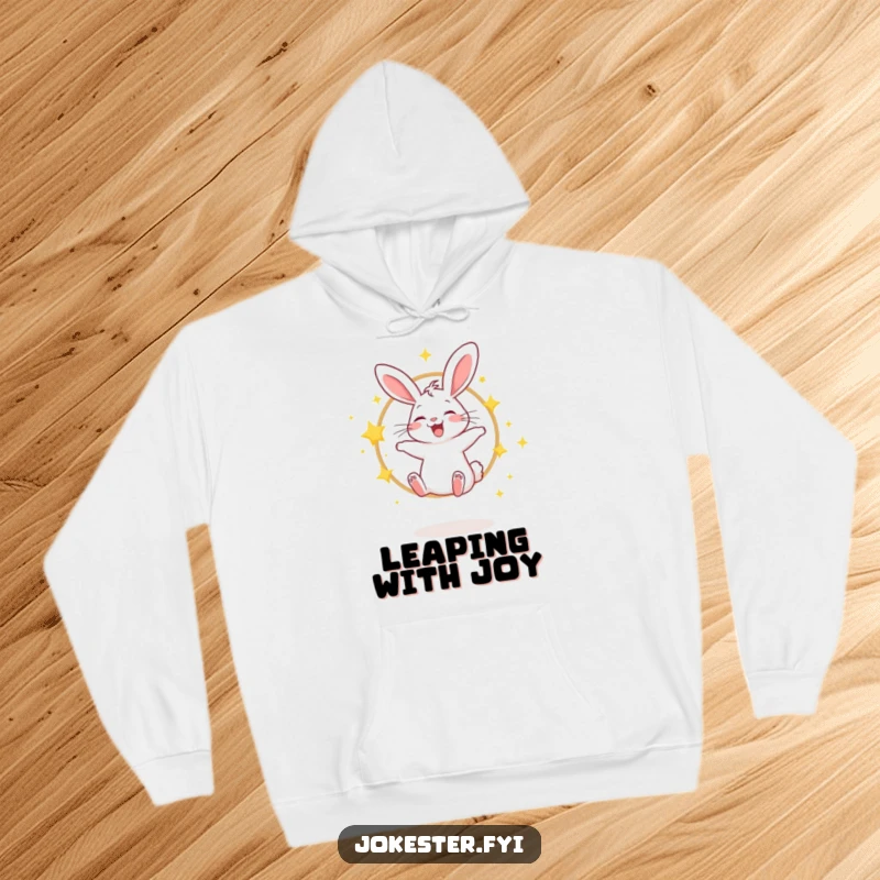 Funny hoodie with a giggling rabbit jumping through a hoop of sparkling stars, soft and magical.