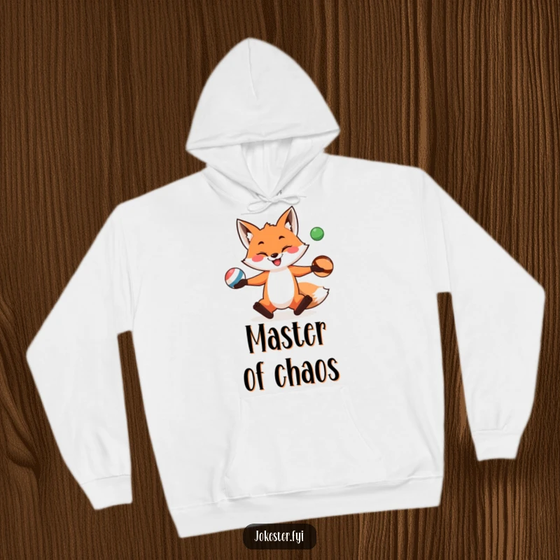 A mischievous fox skillfully juggles three vibrant balls, radiating pure fun on a comfy, warm hoodie.