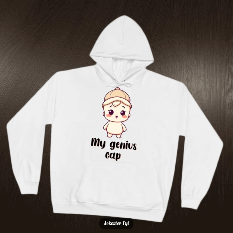 Funny hoodie featuring a clever character wearing a thinking cap, looking inspired, perfect for cozy intellectual pursuits.