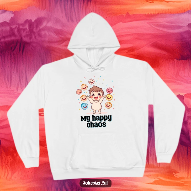 Funny hoodie with a happy character juggling colorful laughing faces and throwing confetti, perfect for warmth.