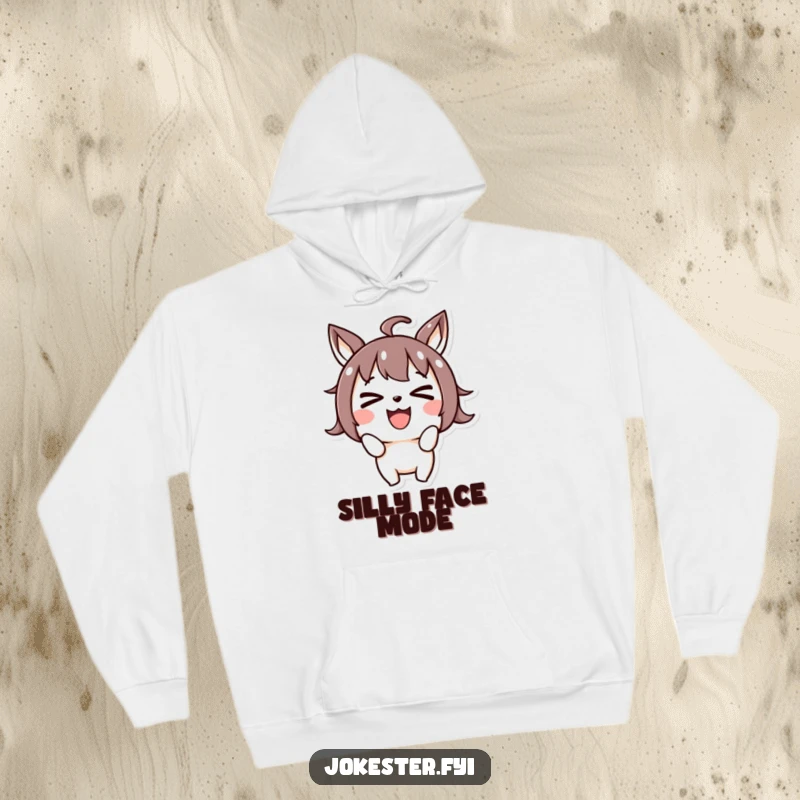 Funny joyful character making a silly face and crossing its eyes, comfortable hoodie, goofy design, playful character art, funny gift.