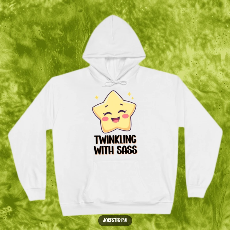 Funny Star Hoodie showcasing a happy, anthropomorphic star character playfully winking, radiating warmth and cosmic cheer.