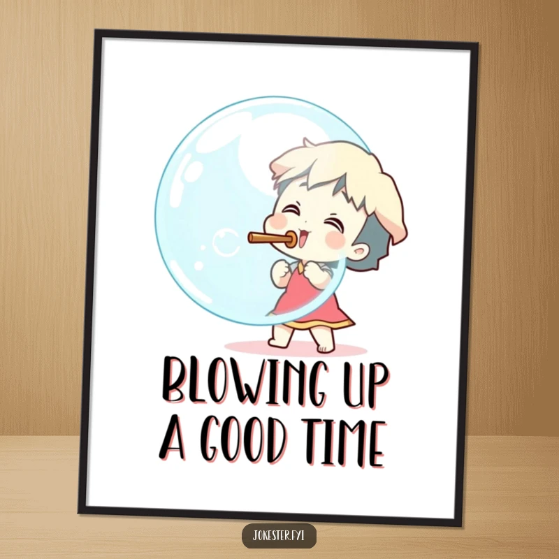 Funny Free Printable Wall Art: An excited character triumphantly blowing an impossibly large bubble, creating a playful and humorous focal point for any room.