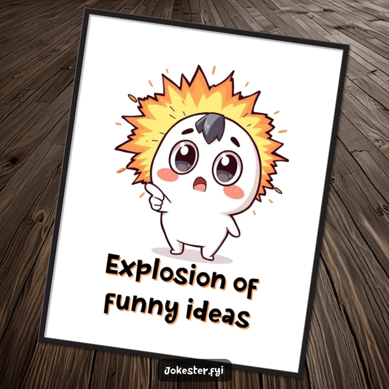 Funny Free Printable Wall Art: Surprised Kawaii character with wide eyes pointing at a chaotic, expanding explosion of pure humor.