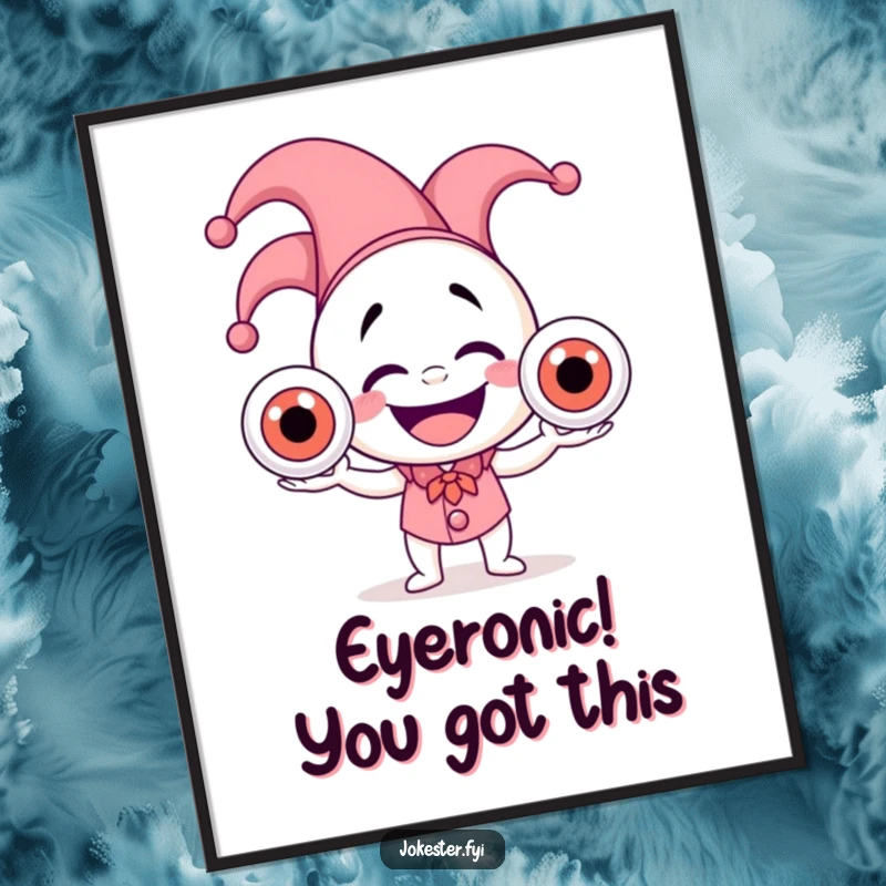 Funny Free Printable Wall Art: A jester in a hat is comically juggling three large, unsteady eyeballs, creating a cheerful and humorous scene.