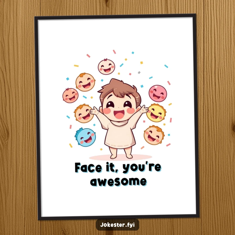 Funny Free Printable Wall Art: A happy character gleefully throws confetti while juggling colorful laughing faces, radiating pure joy.