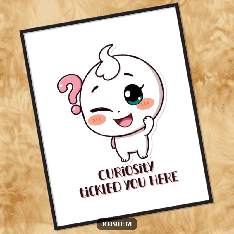 Funny Free Printable Wall Art: A character with a mischievous smile tickles a floating question mark, creating a whimsical and intriguing piece.