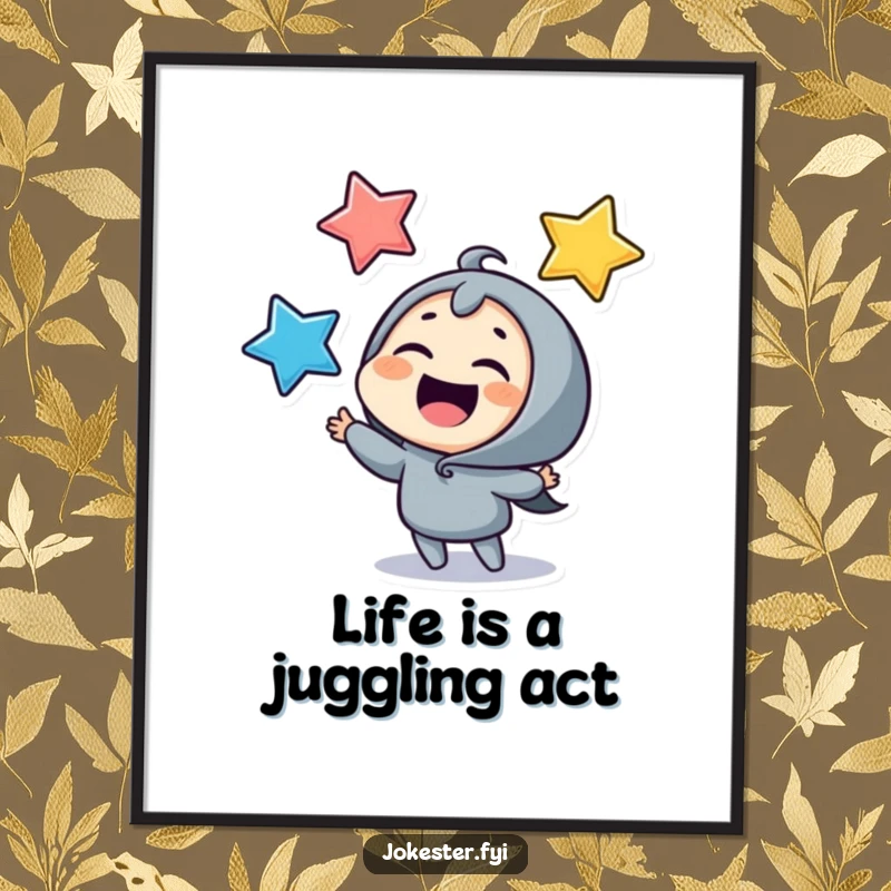Funny Free Printable Wall Art: A giggling character enthusiastically juggling three colorful stars, adding a playful cosmic vibe.