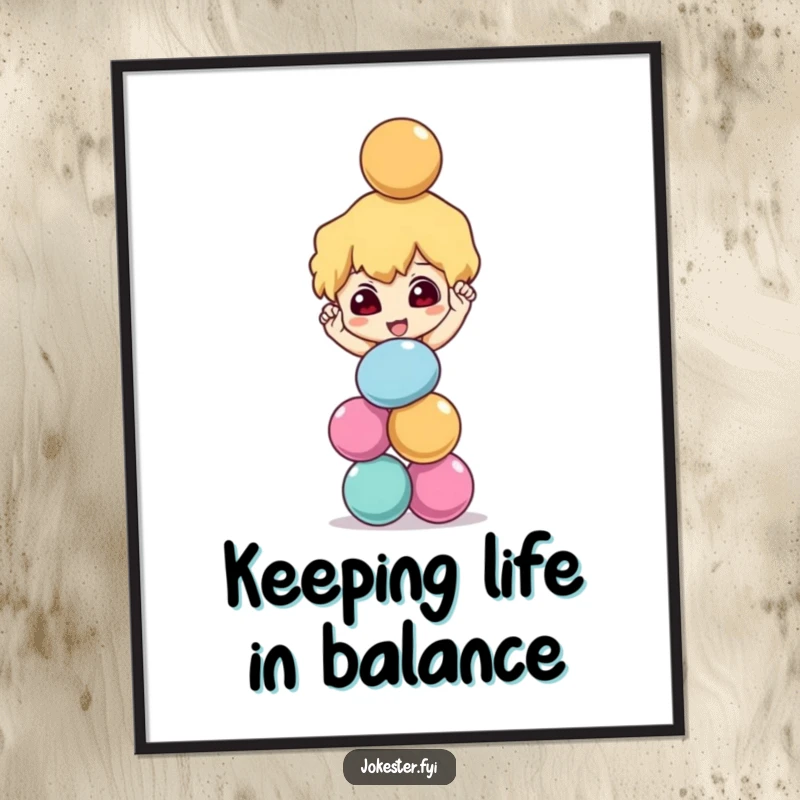 Funny Free Printable Wall Art: A mischievous character artfully balancing a towering stack of vibrant balls, creating a visually engaging and humorous scene.