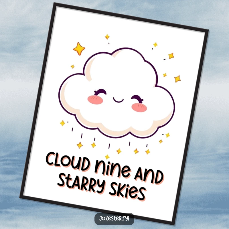 Funny Free Printable Wall Art: A smiling cloud character joyfully raining down a shower of tiny, sparkling stars.