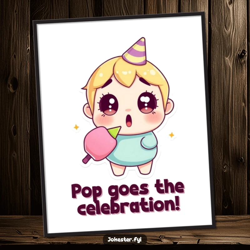 Funny Free Printable Wall Art depicting a surprised character holding a popped party popper, with confetti scattered around.
