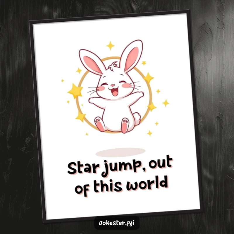 Funny Free Printable Wall Art: A giggling rabbit joyfully jumps through a hoop of sparkling stars, bringing magical humor to your space.