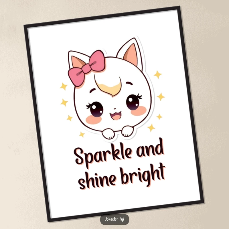 Funny Free Printable Wall Art featuring a happy character surrounded by vibrant sparkles, looking extremely pleased and joyful.