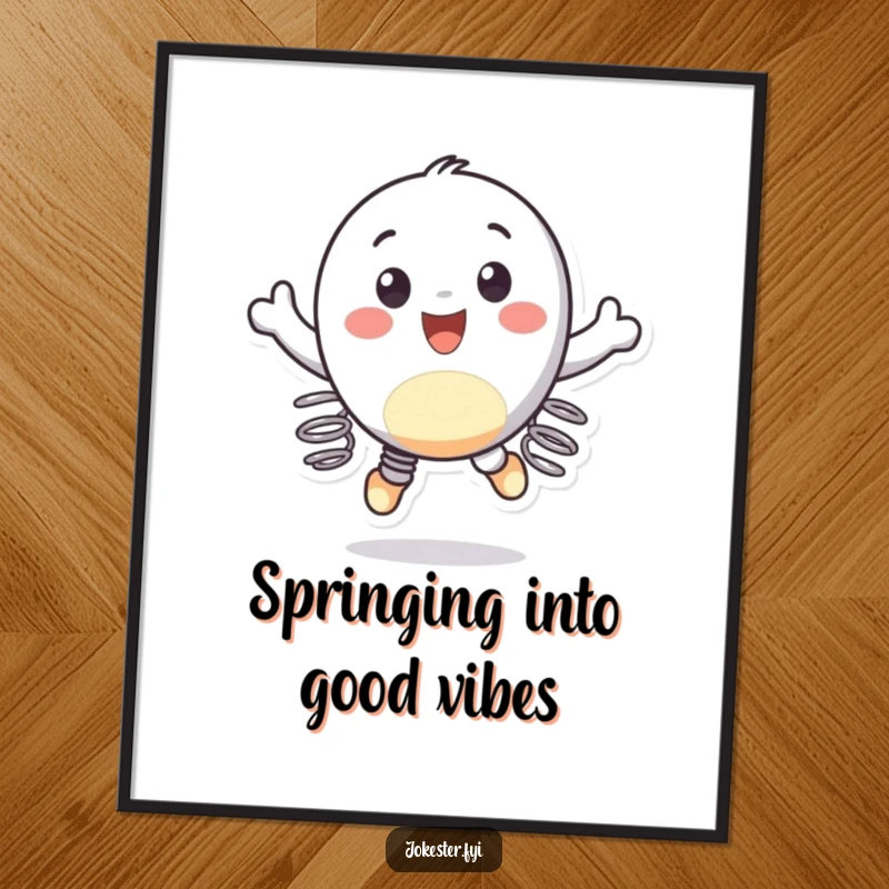 Funny Free Printable Wall Art: A cheerful character wearing springs on its feet bounces gleefully in the air, creating an uplifting and fun scene.