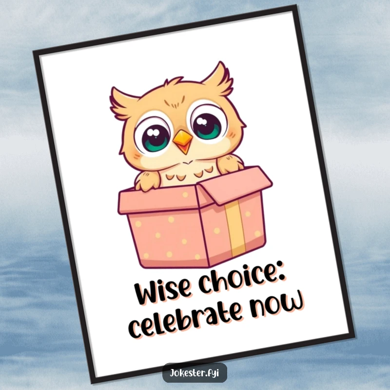 Funny Free Printable Wall Art: A cheerful owl pops out of a gift box with a comically surprised expression, adding humor to your space.