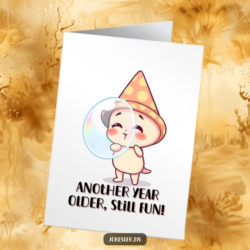 Funny Free Printable Birthday Card: Giggling character in a cone hat, joyfully blowing a massive, colorful bubble.