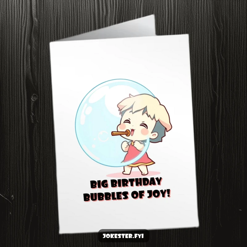 Funny Free Printable Birthday Card: An excited character joyfully blowing an impressively massive bubble, ready to burst with birthday cheer. Downloadable fun.
