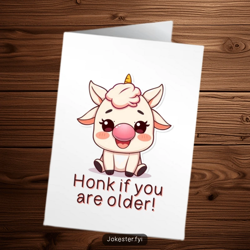 Funny Free Printable Birthday Card: Happy character wearing a red clown nose honks a tiny, loud horn.