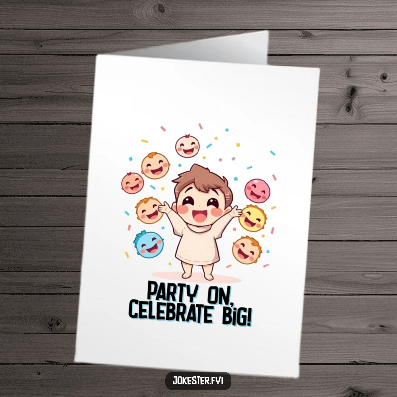 Funny Free Printable Birthday Card: A happy character joyfully throws confetti while juggling colorful laughing faces for a festive wish.