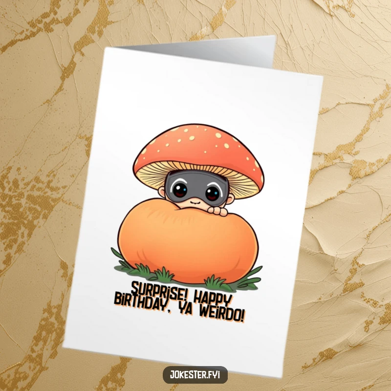 Funny Free Printable Birthday Card: Curious masked character peeks mischievously from behind a giant, vibrant puffball mushroom.