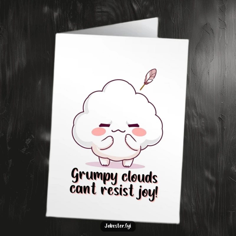 Funny Free Printable Birthday Card: Kawaii character tickles a grumpy cloud with a feather, making it beam.