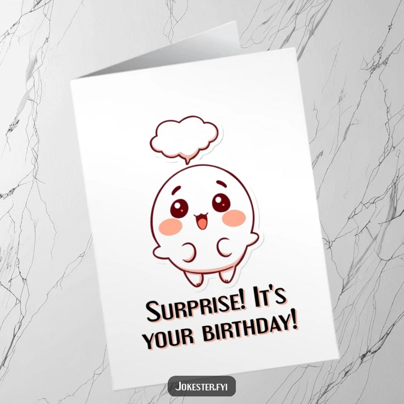 Funny Free Printable Birthday Card: A surprised character with a large thought bubble above, contemplating a festive birthday surprise.