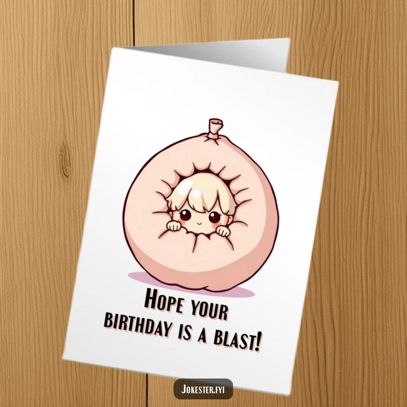 Funny Free Printable Birthday Card: A curious character's eyes peeking mischievously from behind a huge, classic whoopee cushion. Downloadable fun.