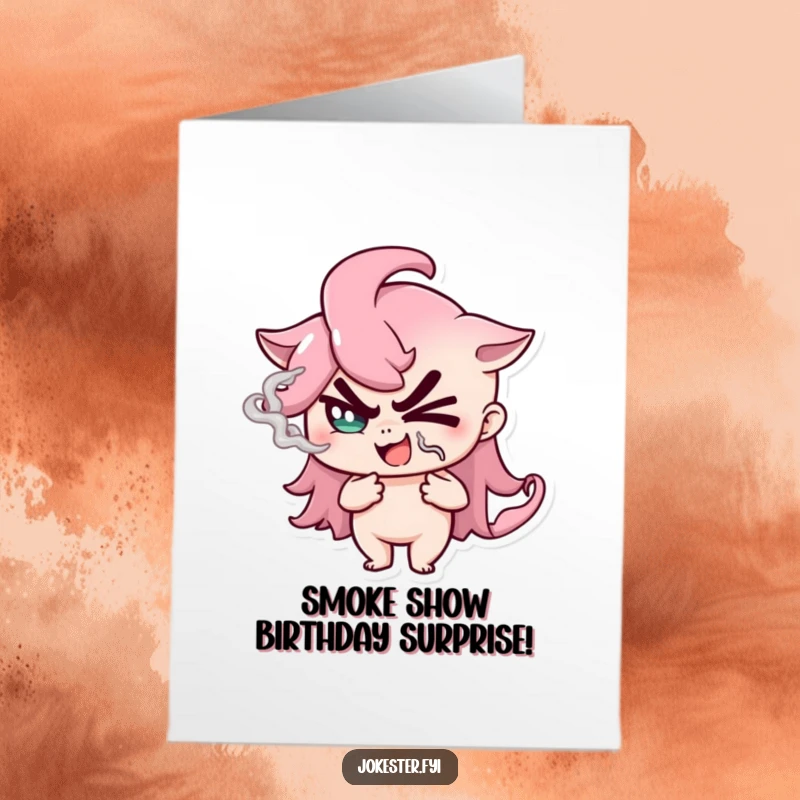 Funny Free Printable Birthday Card of a mischievous character winking, blowing a puff of smoke, hinting at birthday magic.