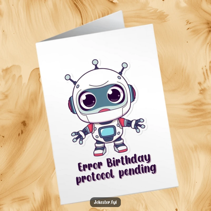 Funny Free Printable Birthday Card: Surprised robot with huge googly eyes peeking playfully, a comical DIY greeting.