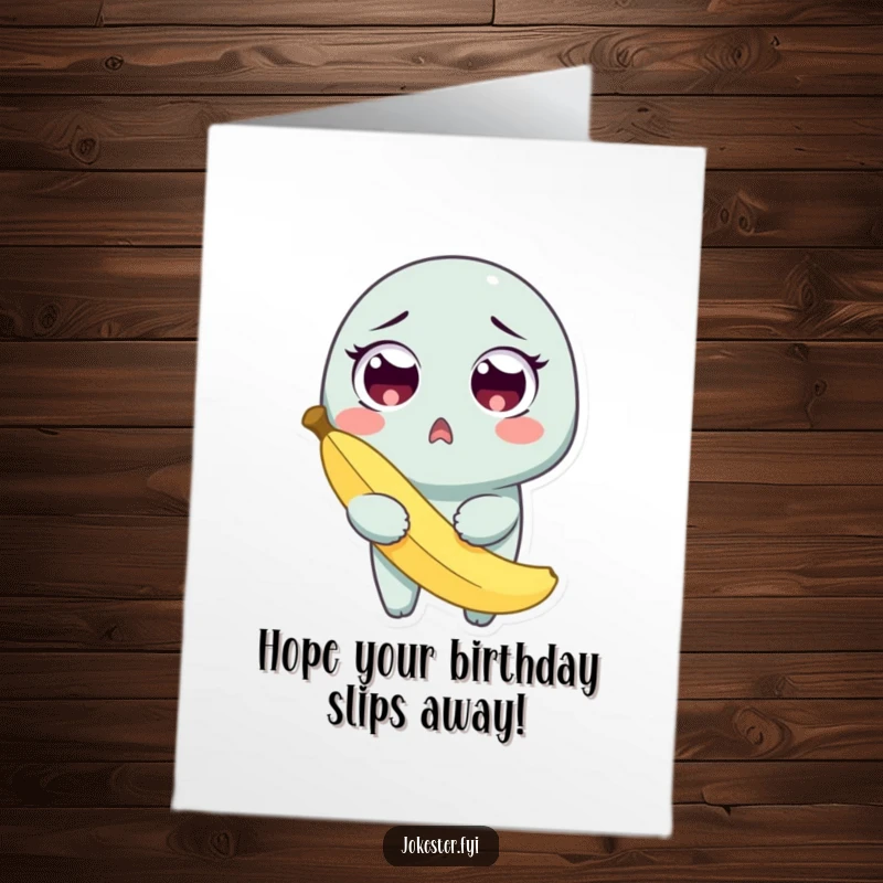 Funny Free Printable Birthday Card: A surprised character with wide eyes holds a banana peel after slipping on it, ready for a birthday surprise.