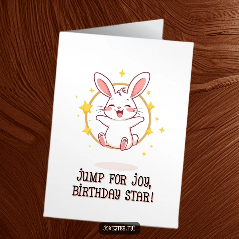 Funny Free Printable Birthday Card: A giggling rabbit leaps through a hoop of sparkling stars, celebrating a magical birthday.