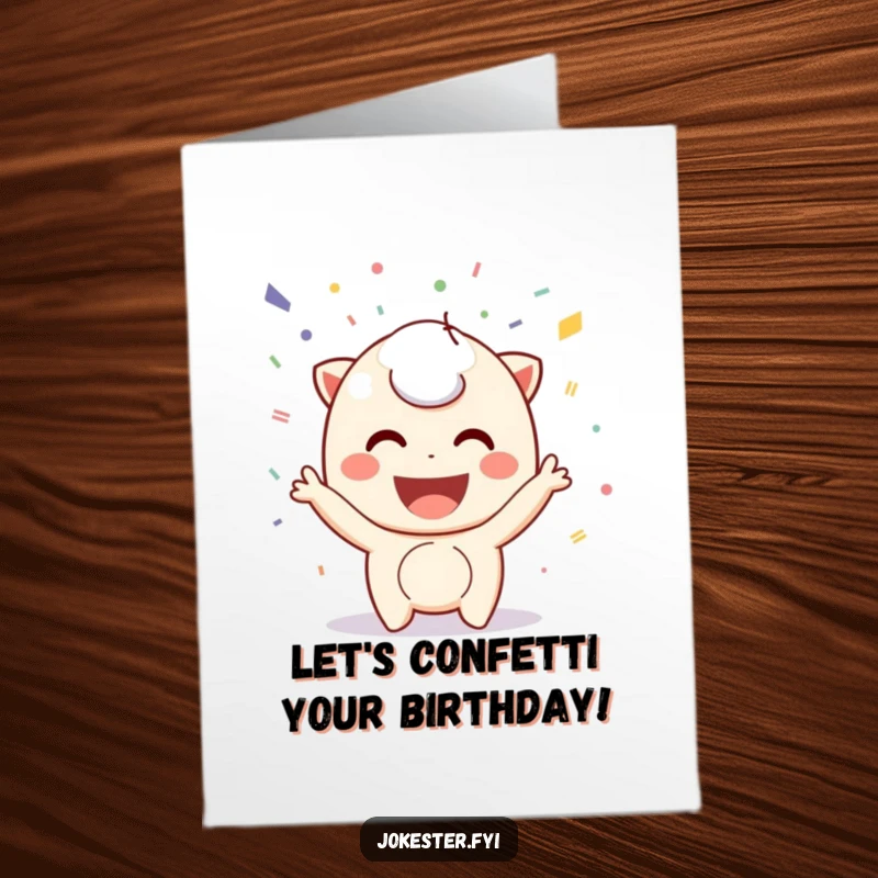 Funny Free Printable Birthday Card: A joyful character with a wide smile throws handfuls of colorful confetti into the air.