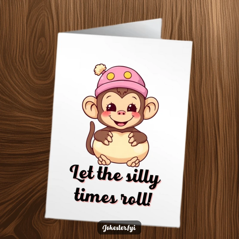 Funny Free Printable Birthday Card: A smiling monkey in a silly hat holds a whoopee cushion, ready for prank-filled birthday fun.