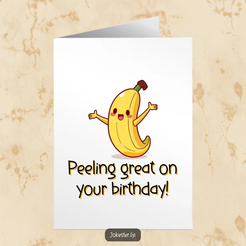 Funny Free Printable Birthday Card: Clumsy banana character slipping adorably on a tiny peel, arms flailing wildly, spreading birthday cheer.