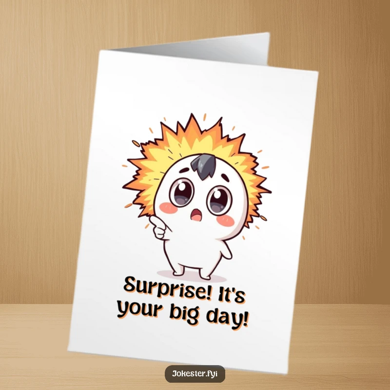 Funny Free Printable Birthday Card: Surprised Kawaii character with wide eyes points at a massive, colorful explosion of humor.