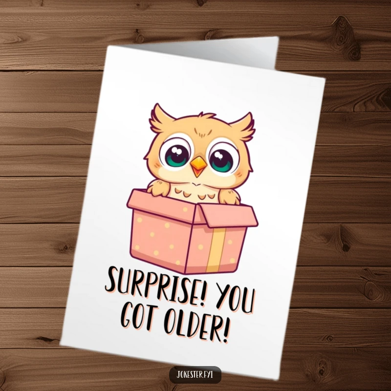 Funny Free Printable Birthday Card: A cheerful owl bursts from a gift box with a comical look of surprise and joy.
