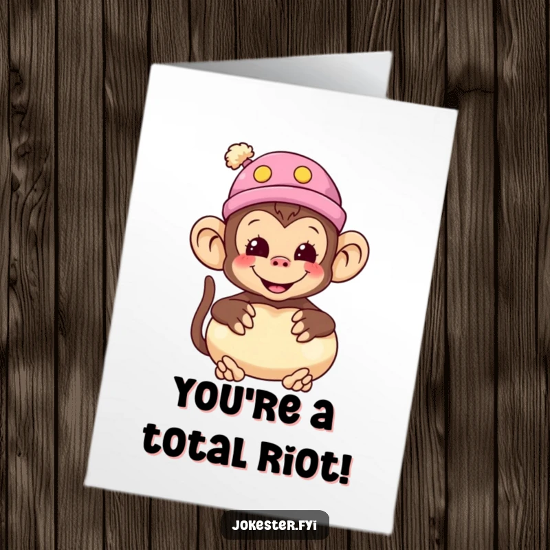 Funny Free Printable Congrats Card: A smiling monkey sporting a silly hat clutches a whoopee cushion, celebrating your achievements with humor.