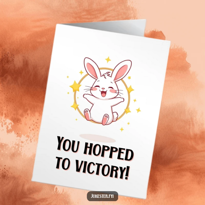 Funny Free Printable Congrats Card: A giggling rabbit jumps through a sparkling star hoop, celebrating your incredible success.