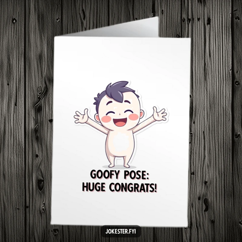 Free Printable Congratulations Card with a joyful character striking a silly pose with exaggerated limbs, celebrating achievement wildly.
