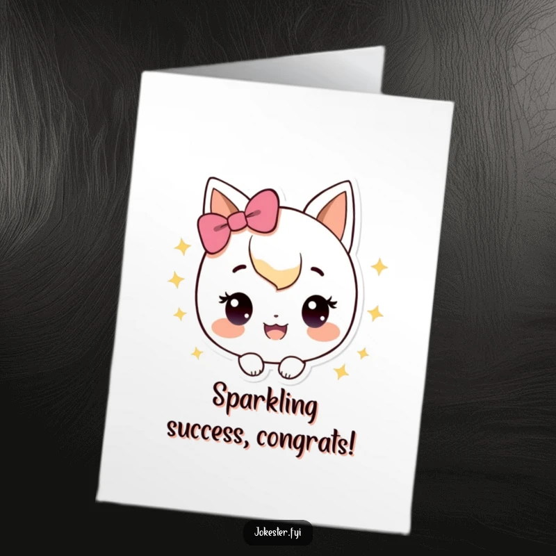 Free Printable Congratulations Card with a happy, sparkly character looking pleased, celebrating a successful achievement.