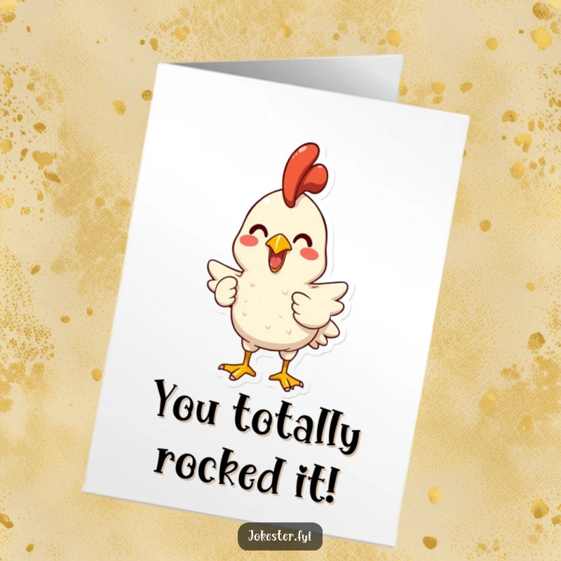 Funny Free Printable Congratulations Card: A character beams with joy, holding a rubber chicken as if about to make it squawk.