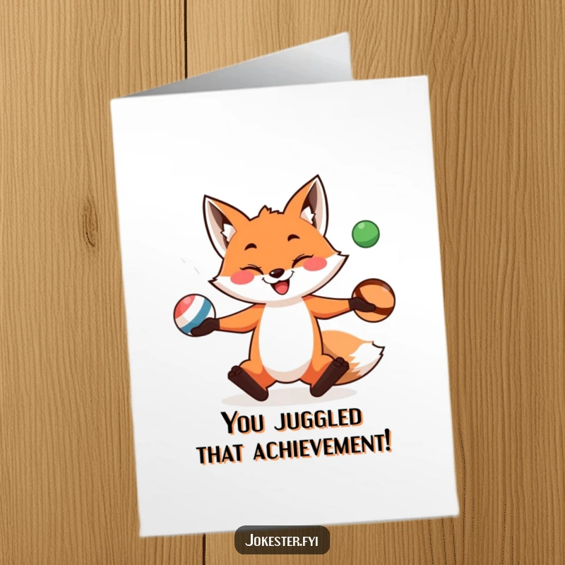 Funny Free Printable Congratulations Card showing a playful fox expertly juggling three balls, celebrating an achievement.