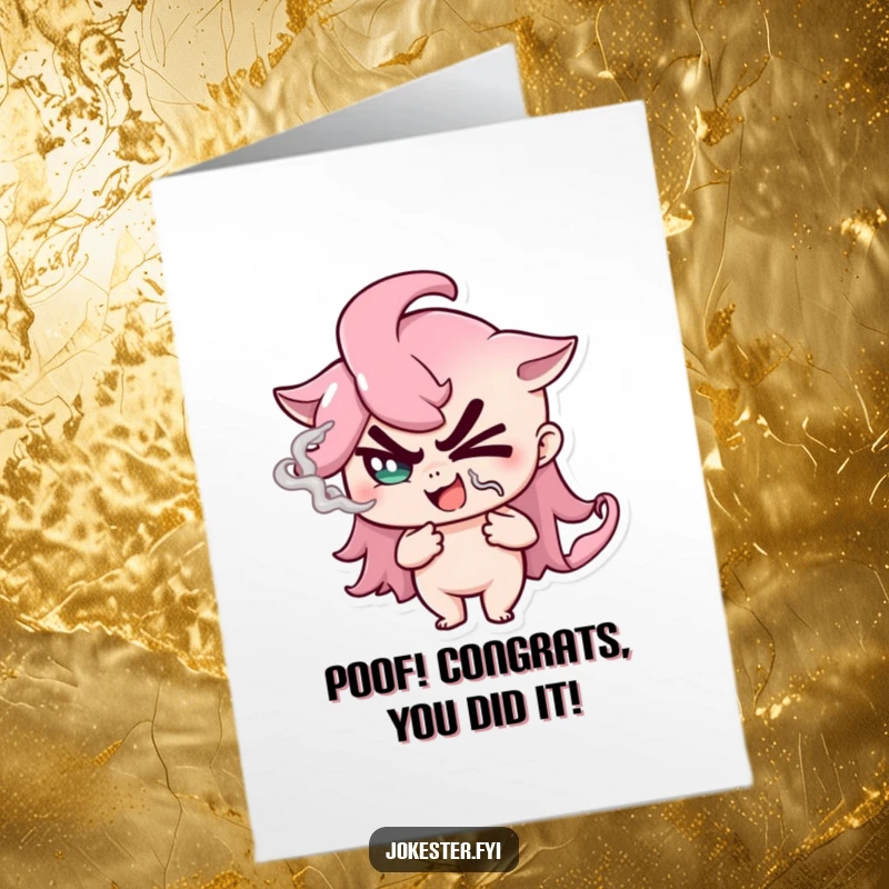 Free Printable Congratulations Card with a winking mischievous character exhaling a puff of smoke, celebrating success playfully.