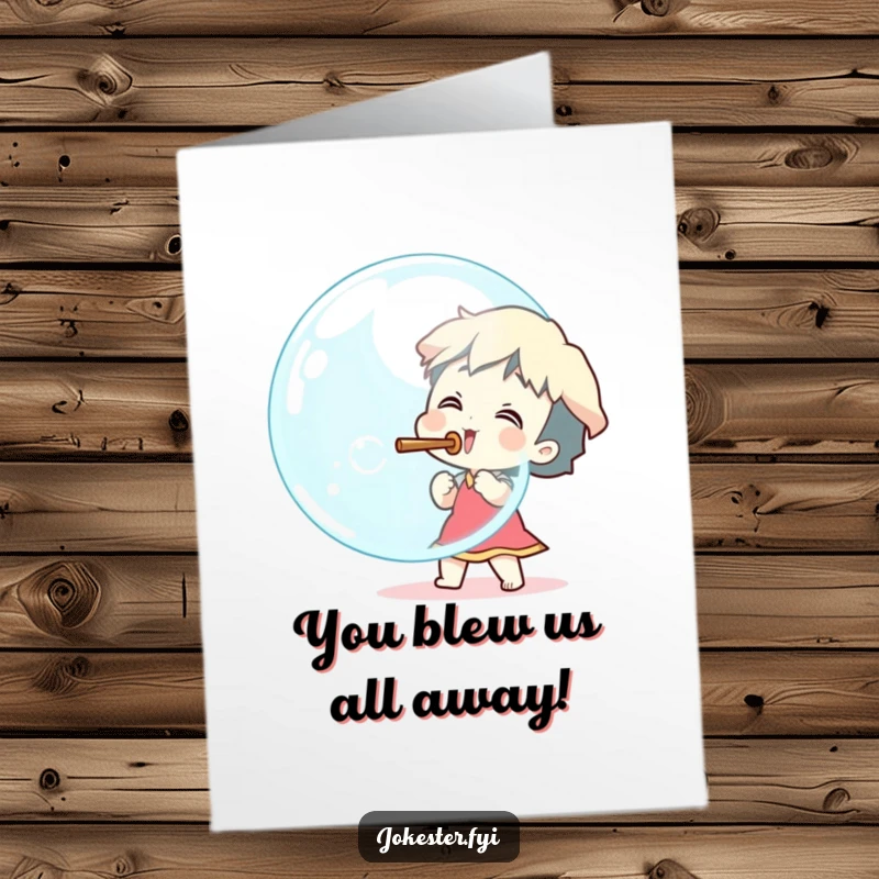 Funny Free Printable Congratulations Card: An excited character creating an enormous bubble, celebrating a momentous achievement. This downloadable card is pure joy.