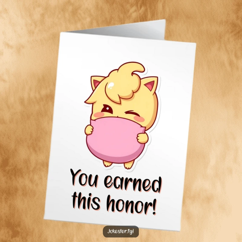 Funny Free Printable Congratulations Card of a winking character holding a whoopee cushion, ready for a prank.