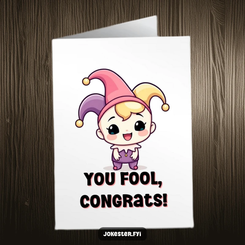 Funny Free Printable Congratulations Card: A cheerful jester character tipping their hat with a playful grin, honoring a great success.